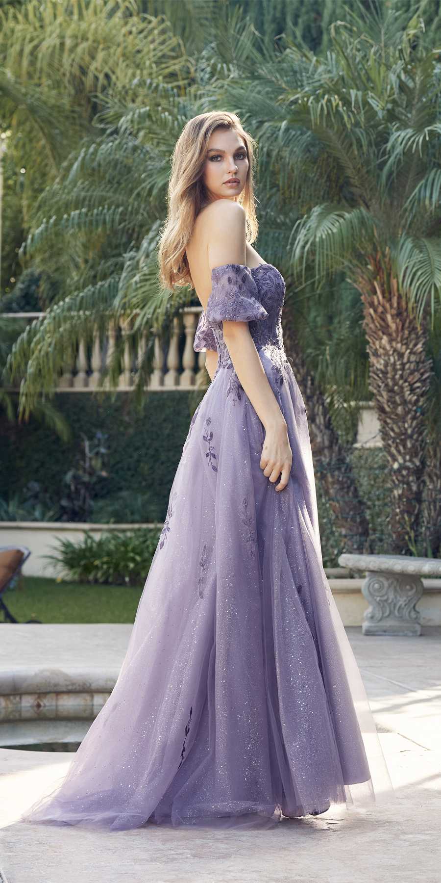 Purple off-shoulder A-line embroidered gown with short puff sleeves, floor-length skirt