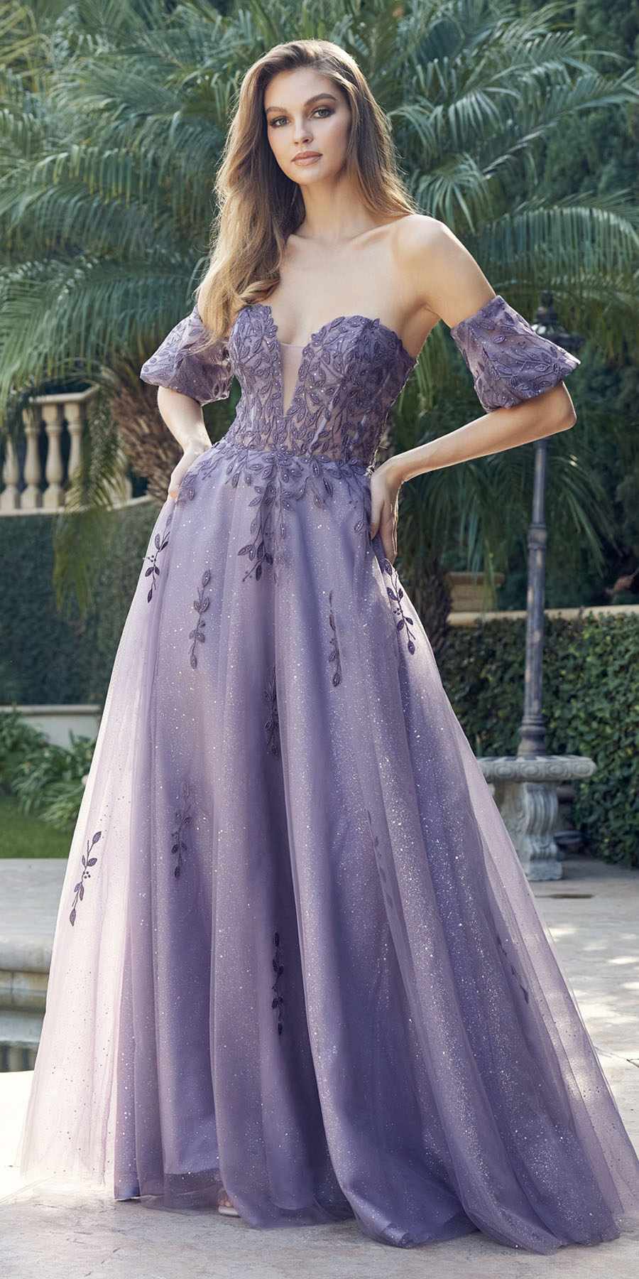 Lavender A-line embroidered off-shoulder gown with short puff sleeves and full skirt