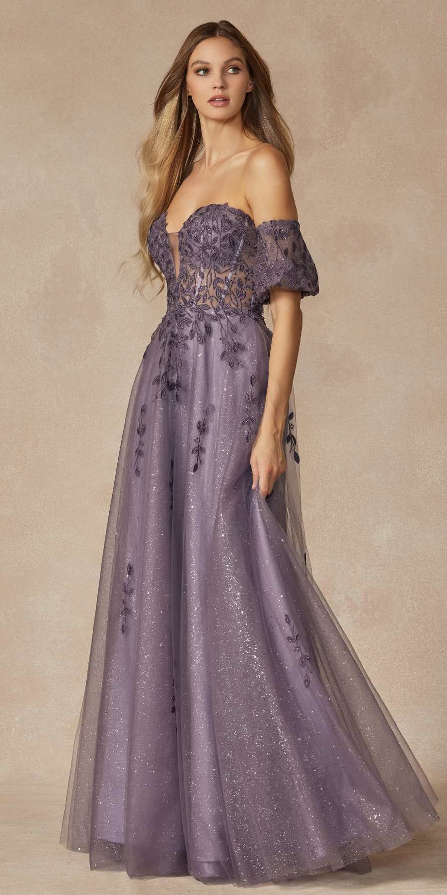 Purple off-shoulder A-line embroidered gown with corset bodice and sheer skirt overlay