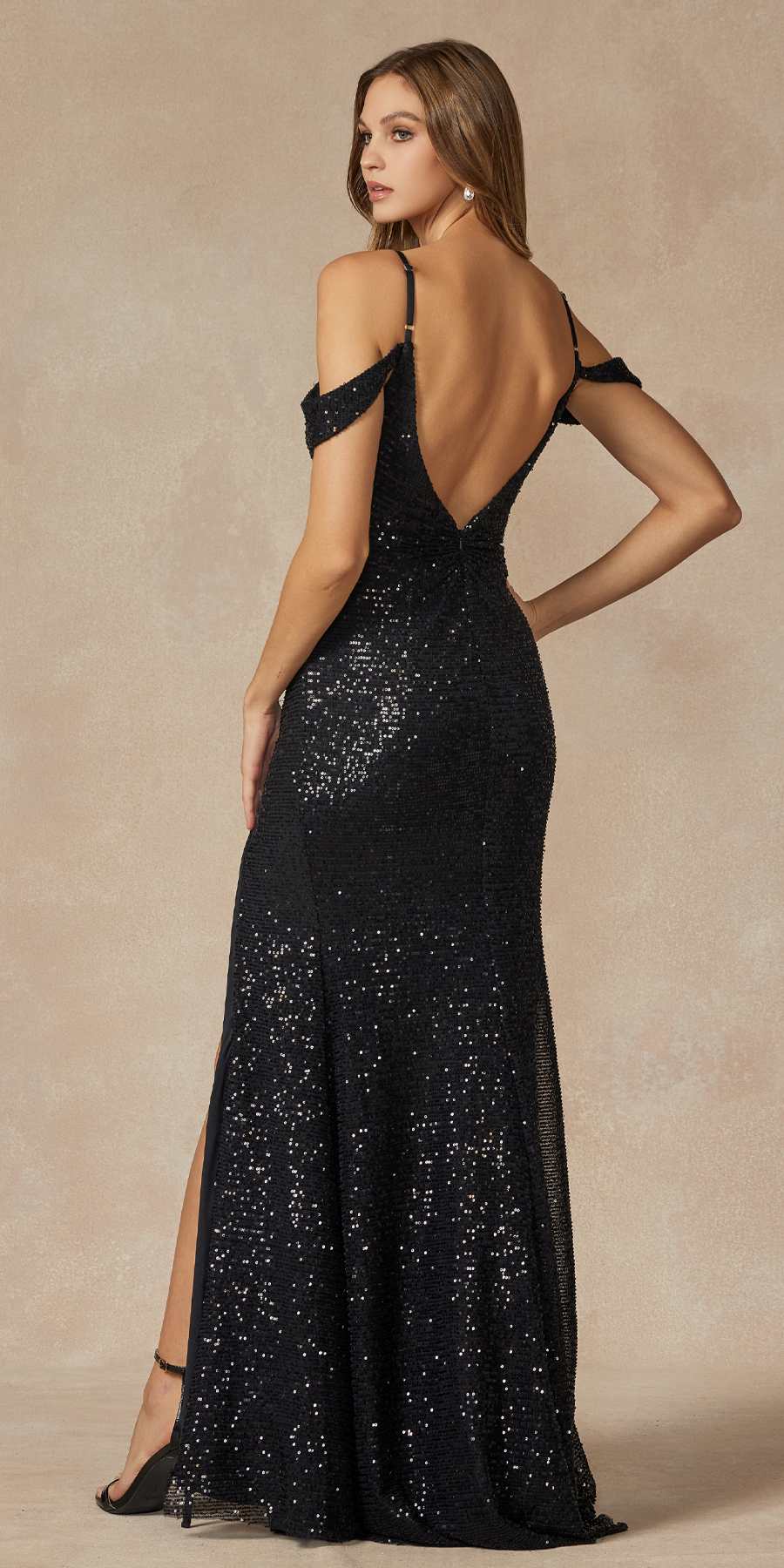 Black sequin long gown with open-back V detail, off-shoulder sleeves and long skirt