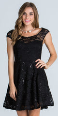 Black lace short dress with cap sleeves, scoop neck, and pearl necklace detail