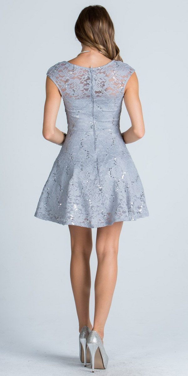 Light blue-gray lace short dress with cap sleeves and open scoop back