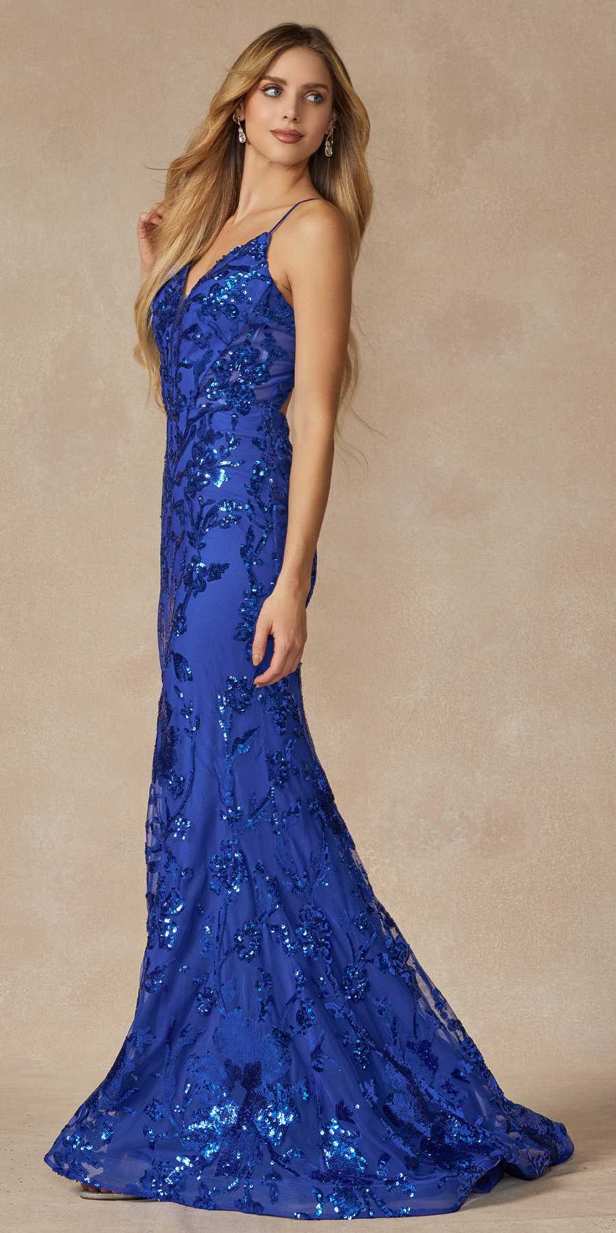 Royal blue sequin fitted prom gown with V-neck and textured mermaid hem