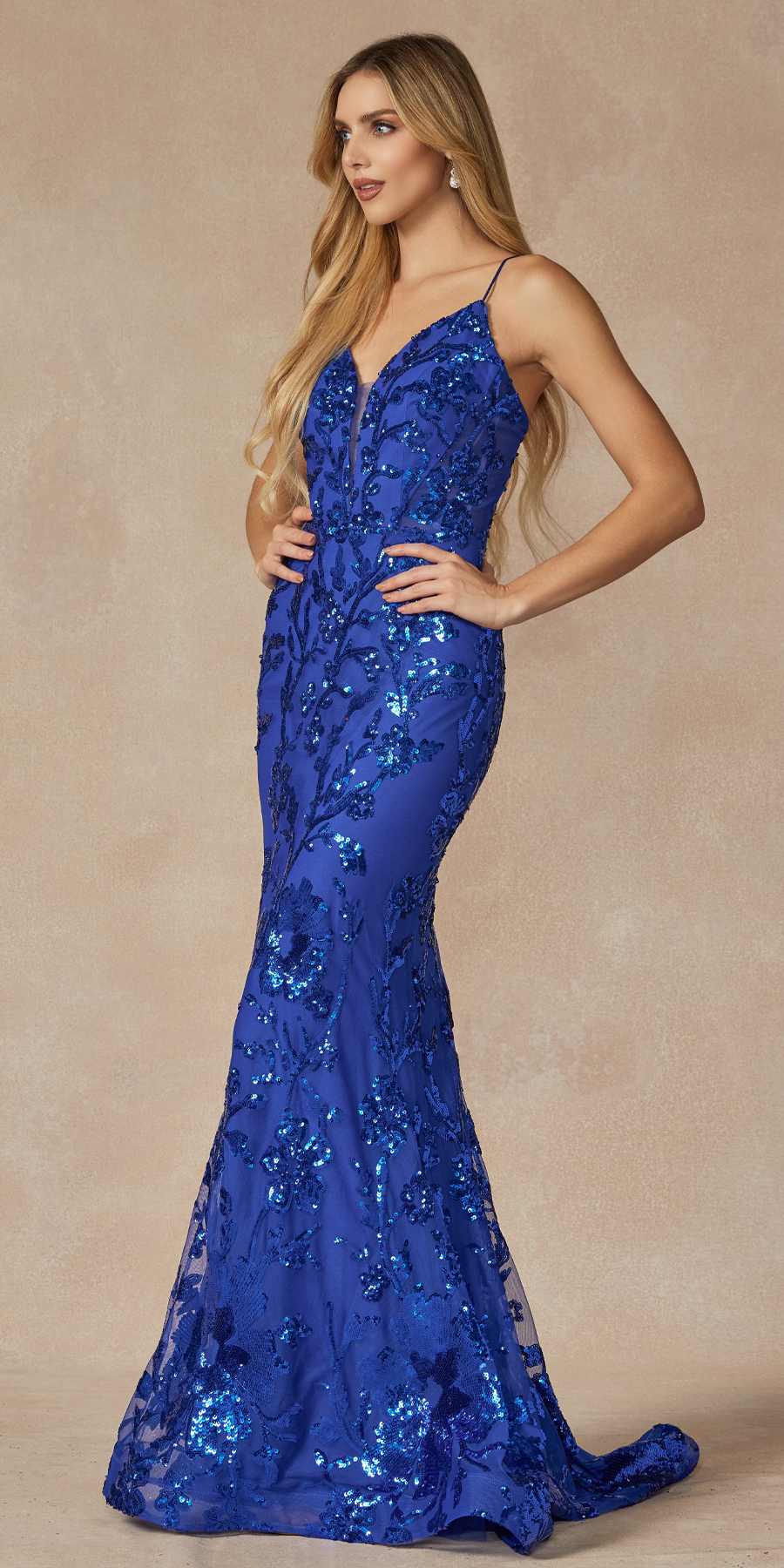 Royal blue sequin fitted prom gown with V-neck bodice and flared lace hem