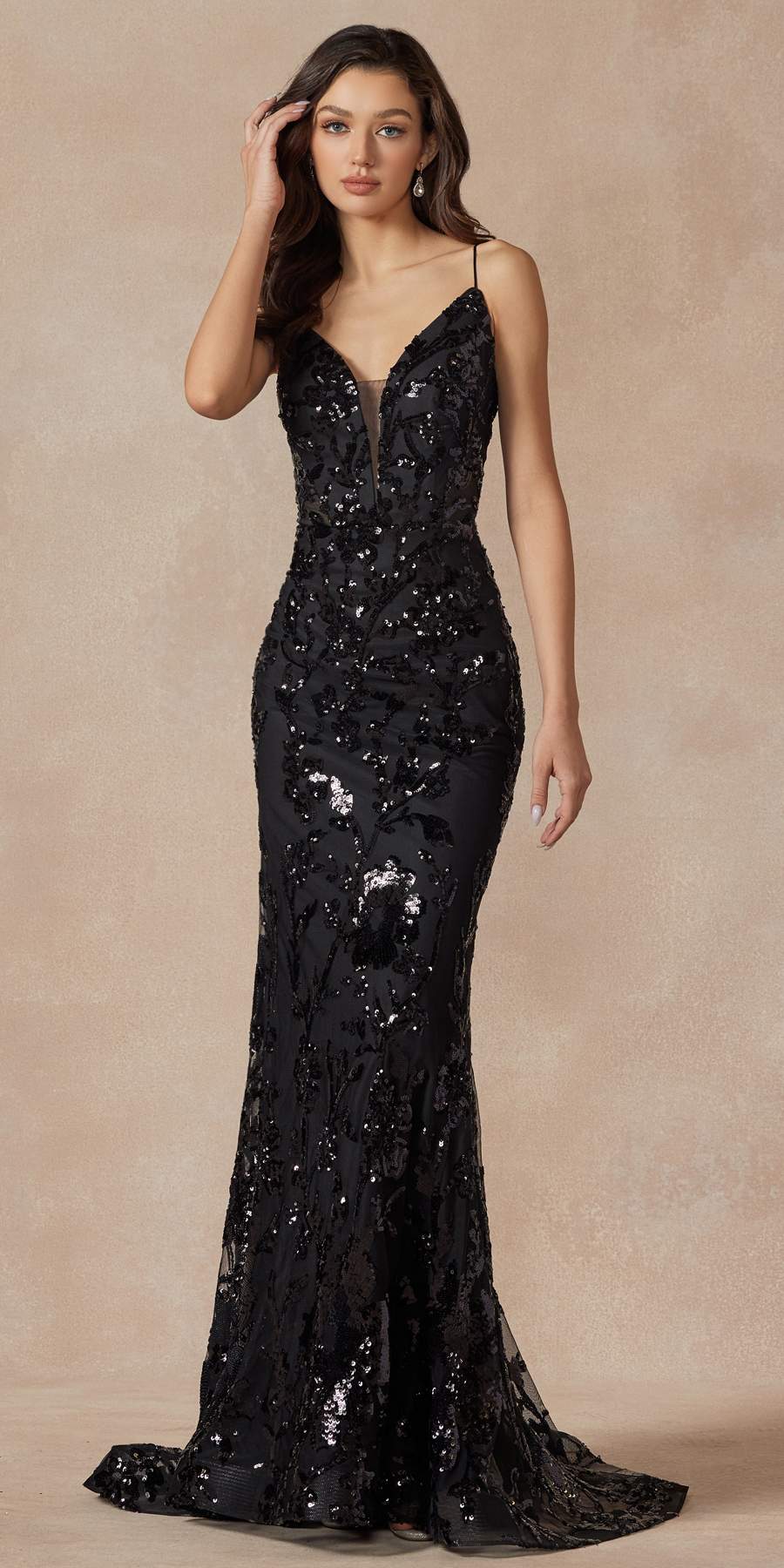 Black fitted prom gown with V neckline, spaghetti straps, and allover sequin lace