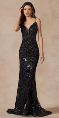 Black fitted prom gown with V neckline, spaghetti straps, and allover sequin lace