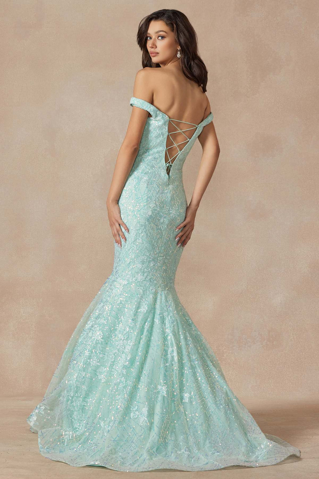 Mint mermaid gown back view with crisscross straps and off-shoulder sleeves, sparkly.