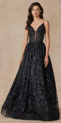Black long A-line gown with corset bodice, V-neck straps, glitter butterfly embroidery