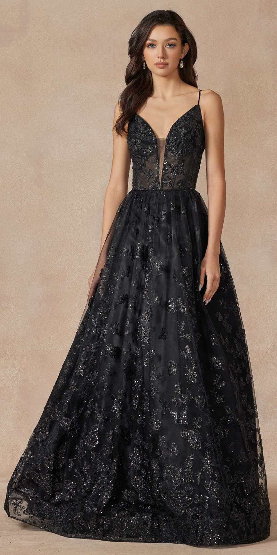 Black long A-line gown with corset bodice, V-neck straps, glitter butterfly embroidery