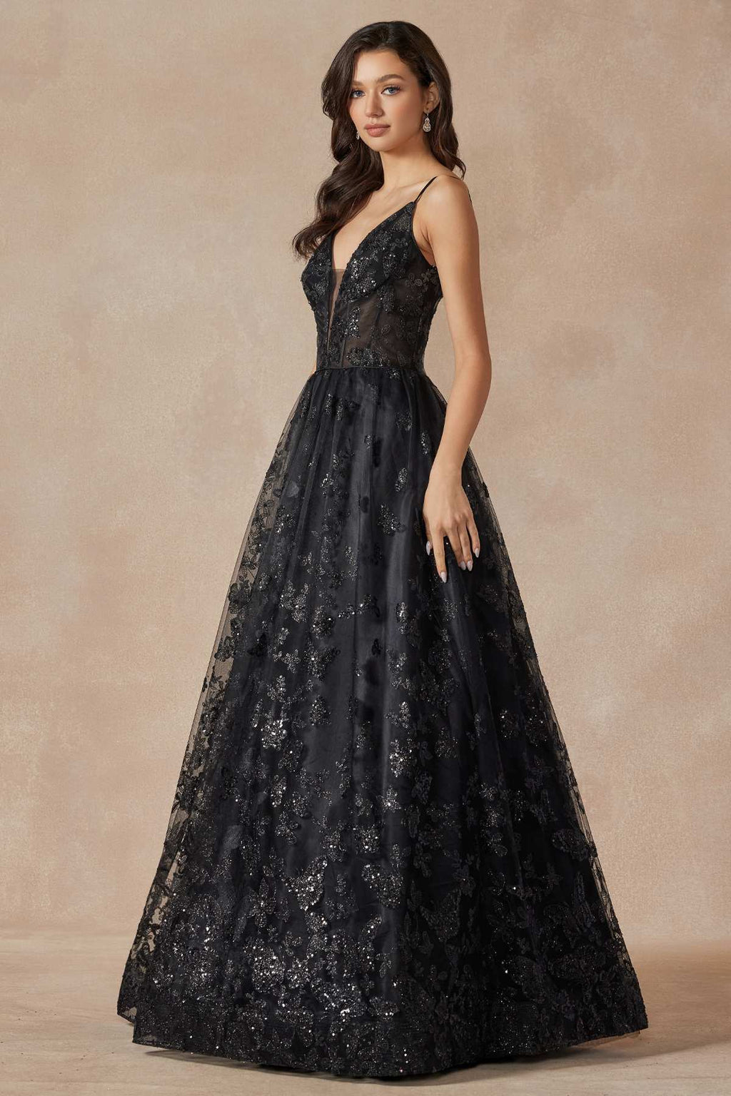 Black long A-line corset gown with spaghetti straps and glitter butterfly embroidery