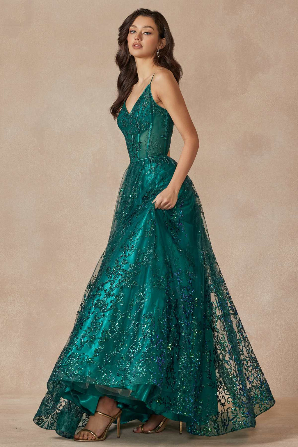 Emerald green glitter lace tulle ball gown with wide A-line skirt and spaghetti straps