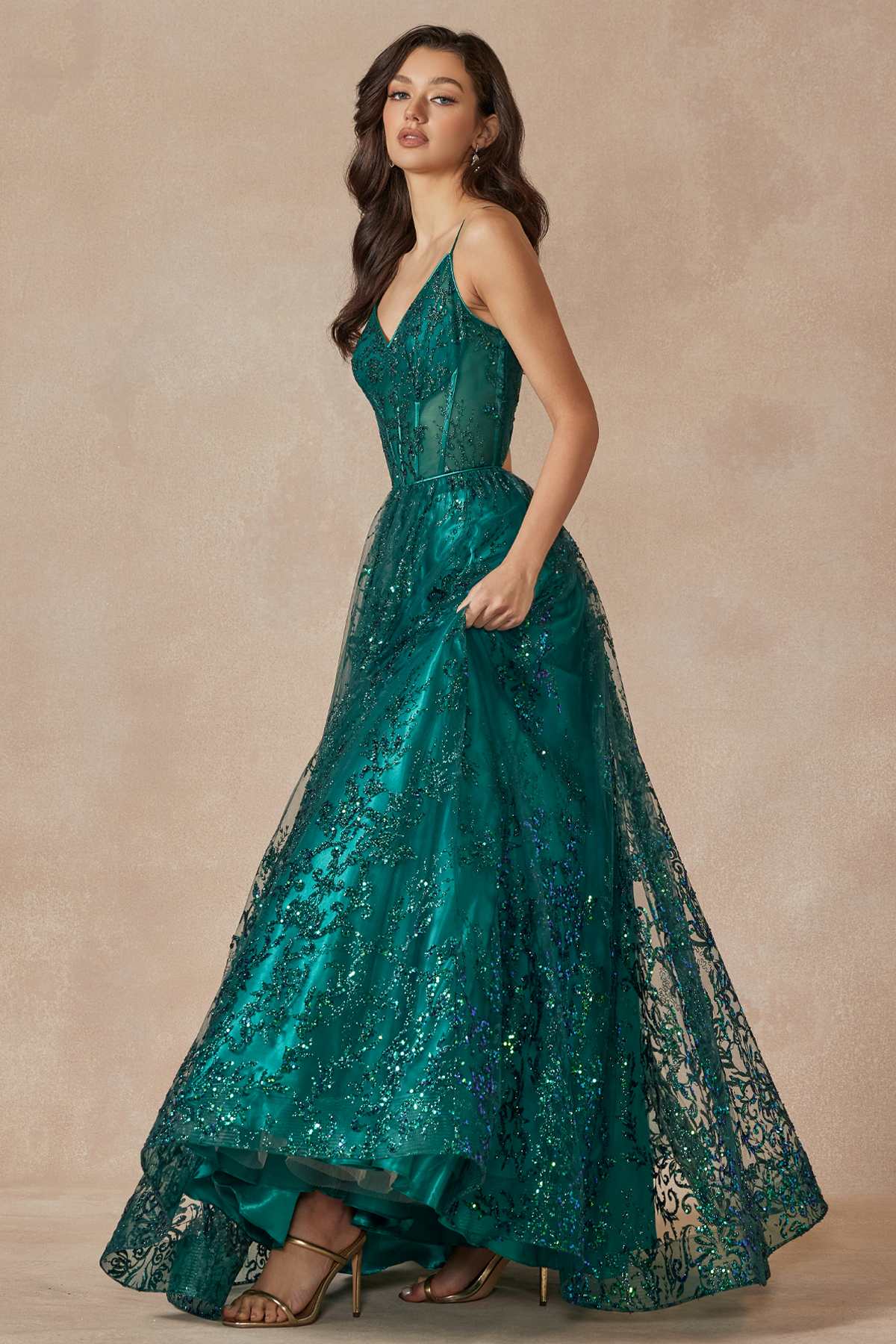 Emerald green glitter lace tulle ball gown with wide A-line skirt and spaghetti straps