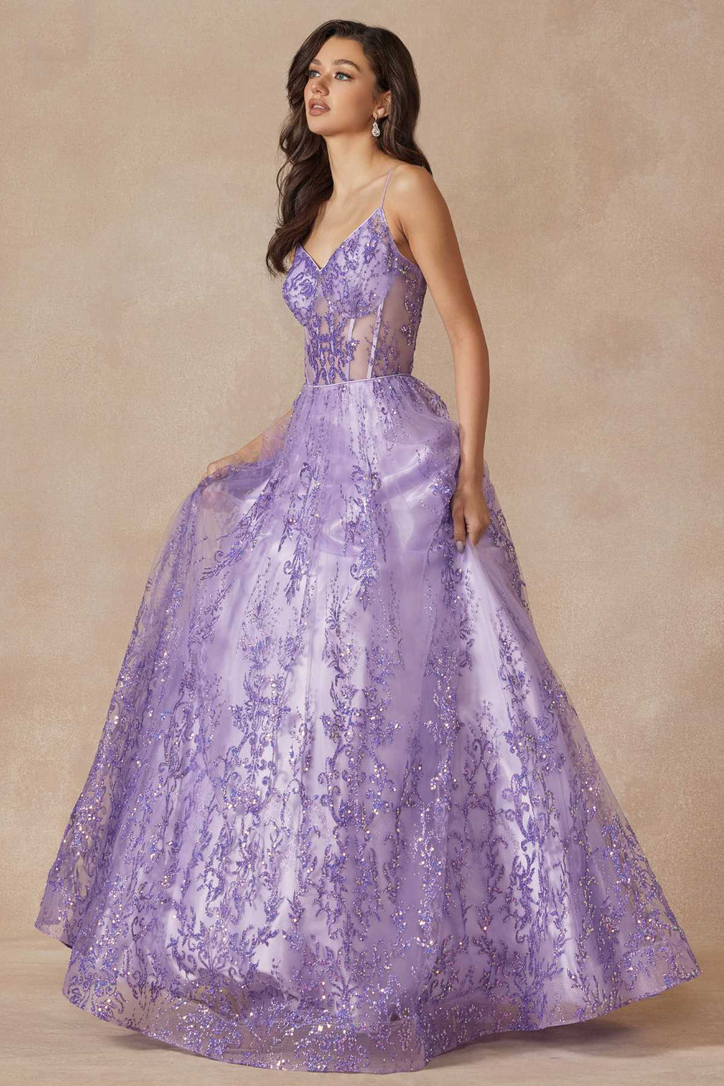 Lilac glitter lace tulle ball gown with sleeveless lace bodice and A-line skirt