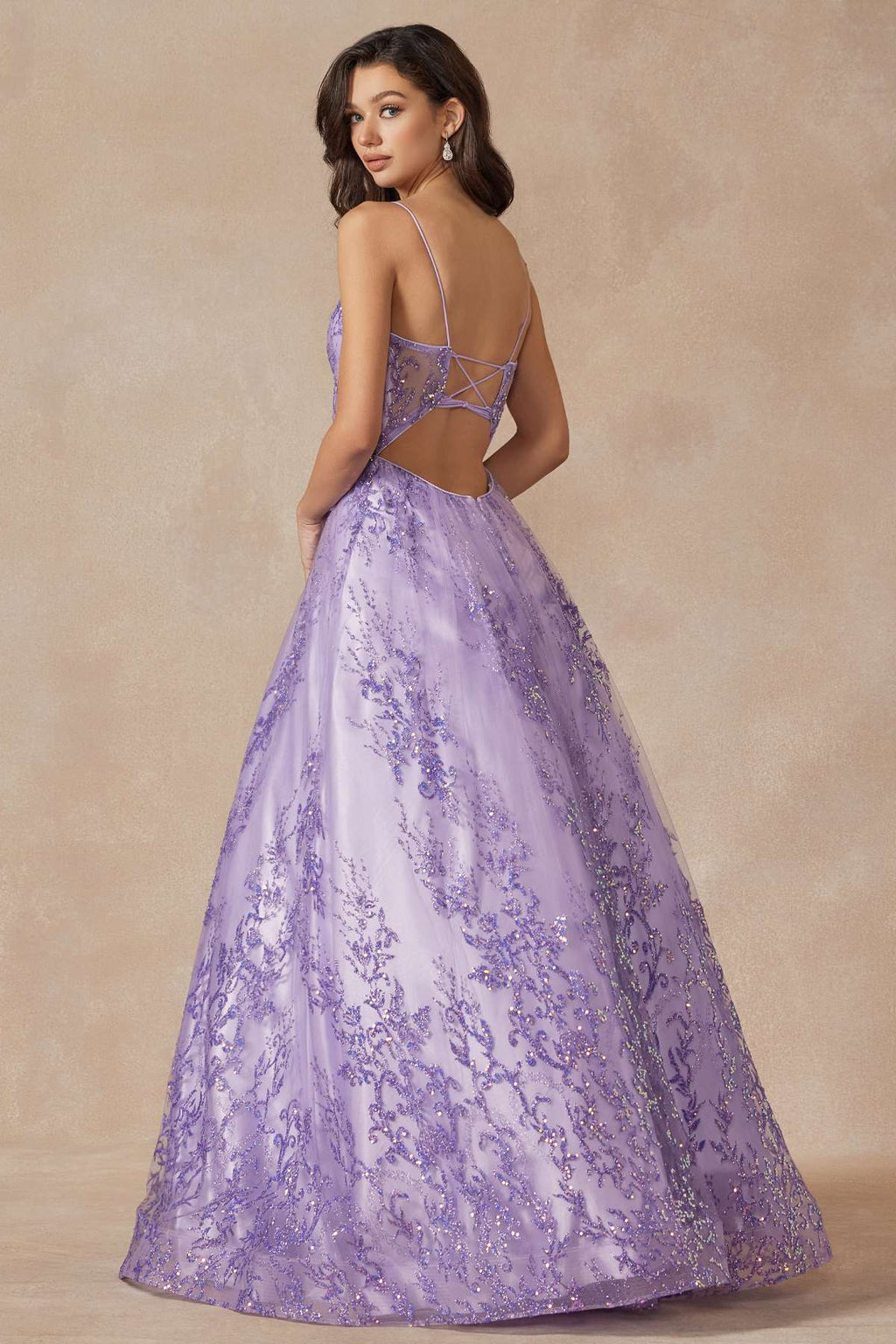 Lilac glitter lace tulle ball gown with crisscross back and full A-line skirt