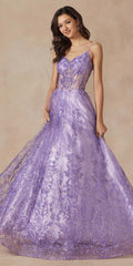 Lilac glitter lace tulle ball gown with V-neck bodice and full A-line skirt
