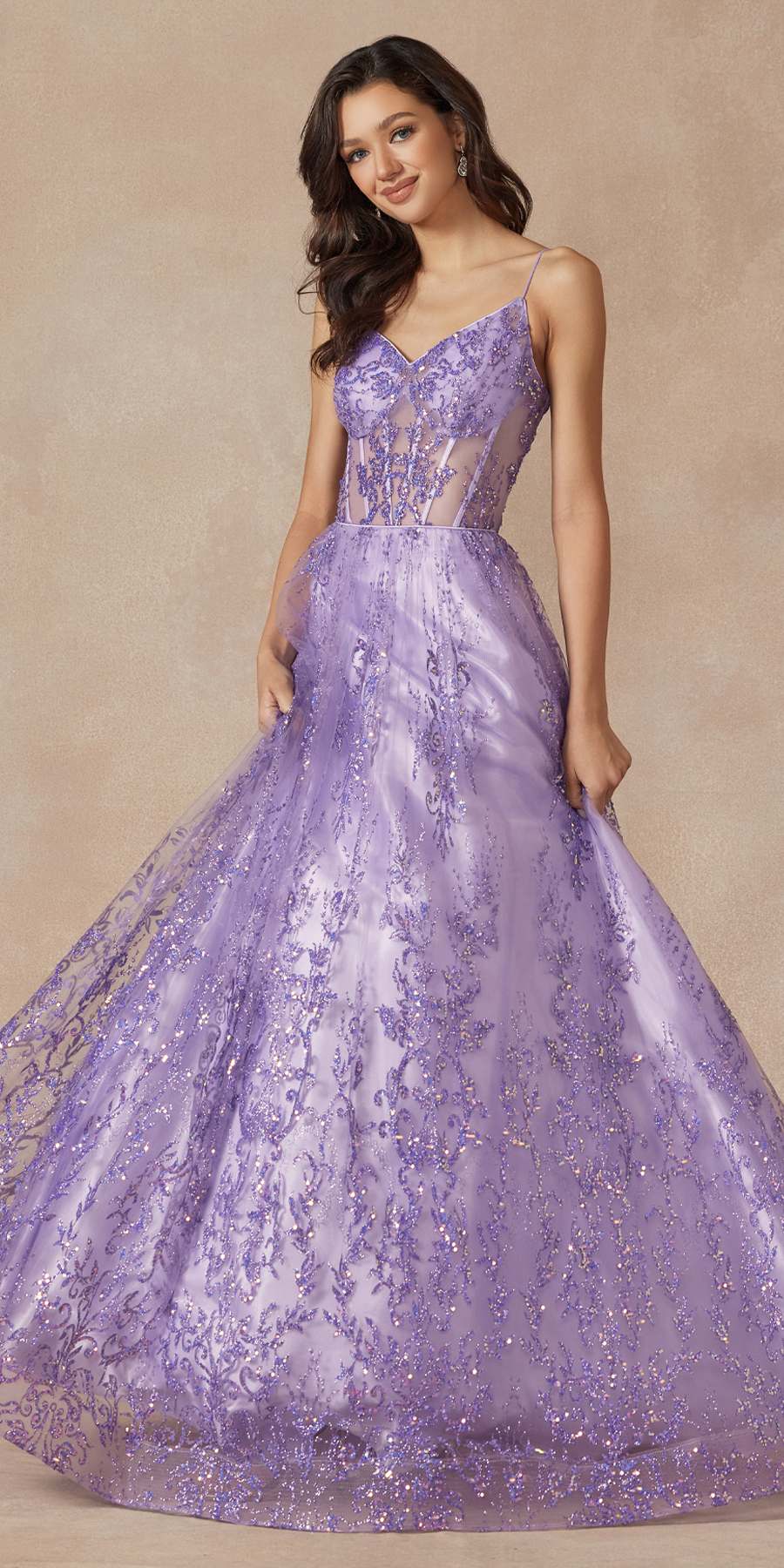 Lilac glitter lace tulle ball gown with V-neck bodice and full A-line skirt