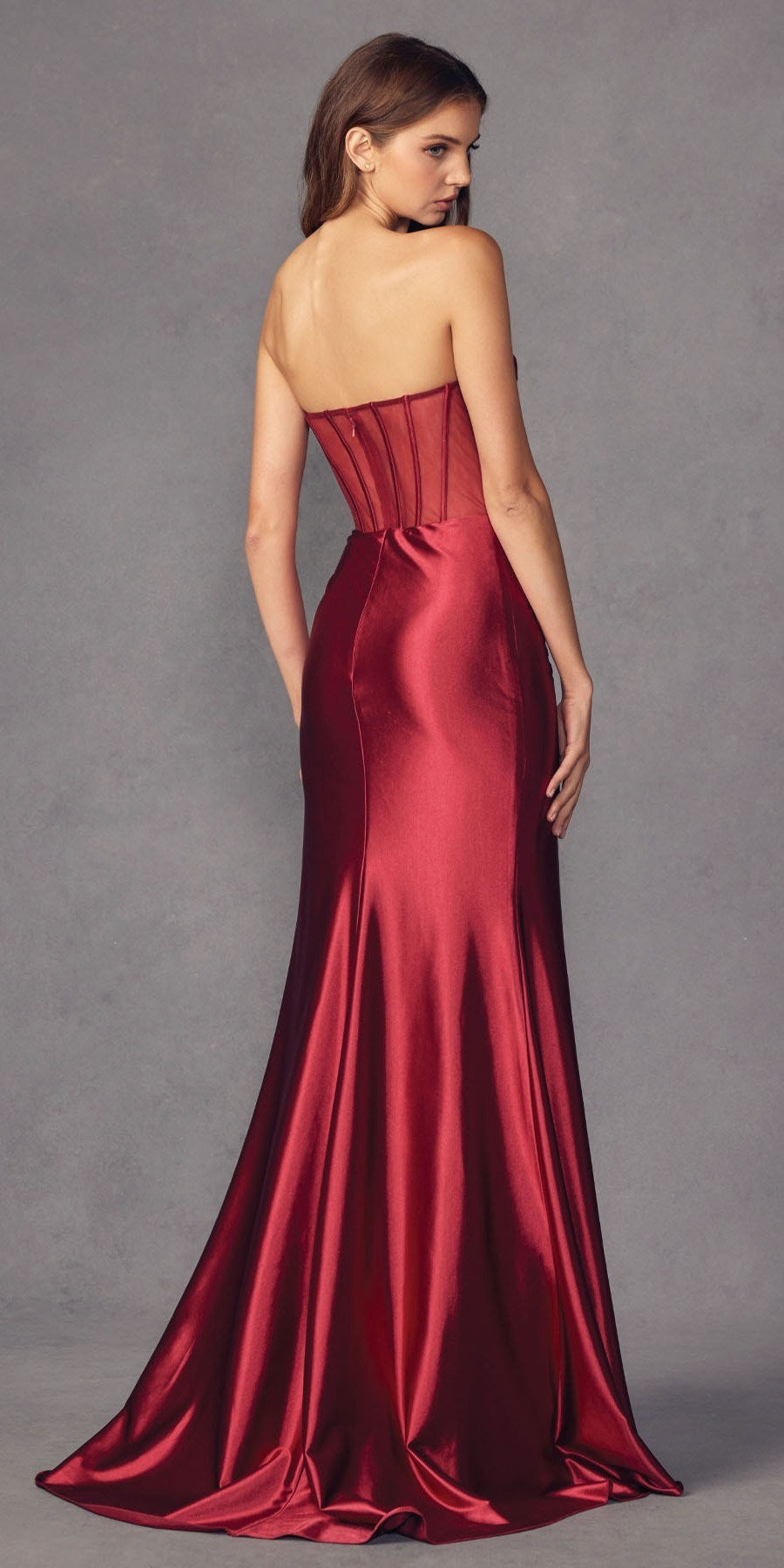 Wine satin strapless floor-length dress with ruched back and draped skirt