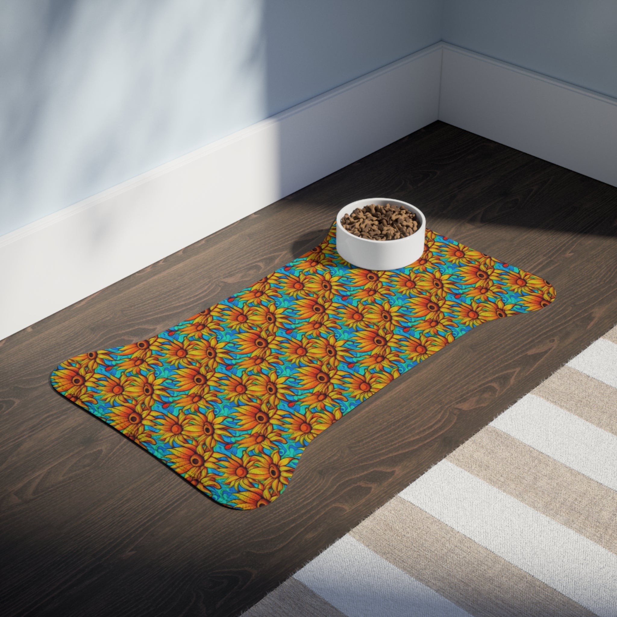 Sunflower Kaleidoscope on Turquoise Waves - Pet Feeding Mat Pet Ze