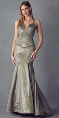 Metallic mermaid long prom dress with V-neckline and fitted bodice