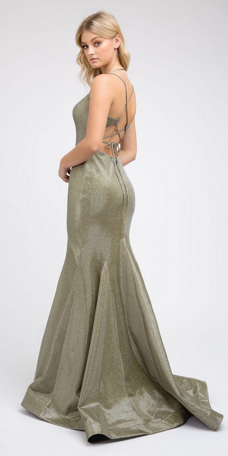 Metallic mermaid long prom dress with open lace-up back and sweeping fishtail skirt