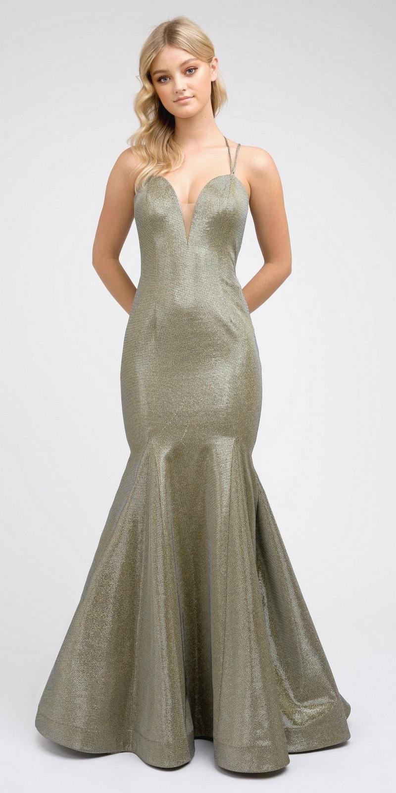 Metallic mermaid long prom dress with V-neck and thin spaghetti straps
