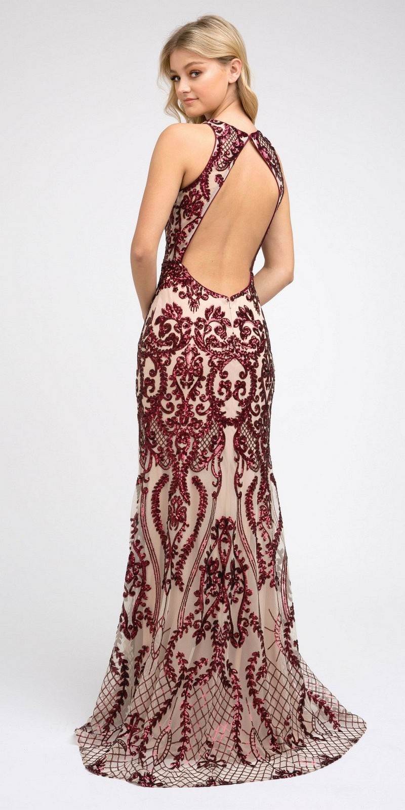 Long sequin evening dress, burgundy embroidery with open cut-out back, sleeveless