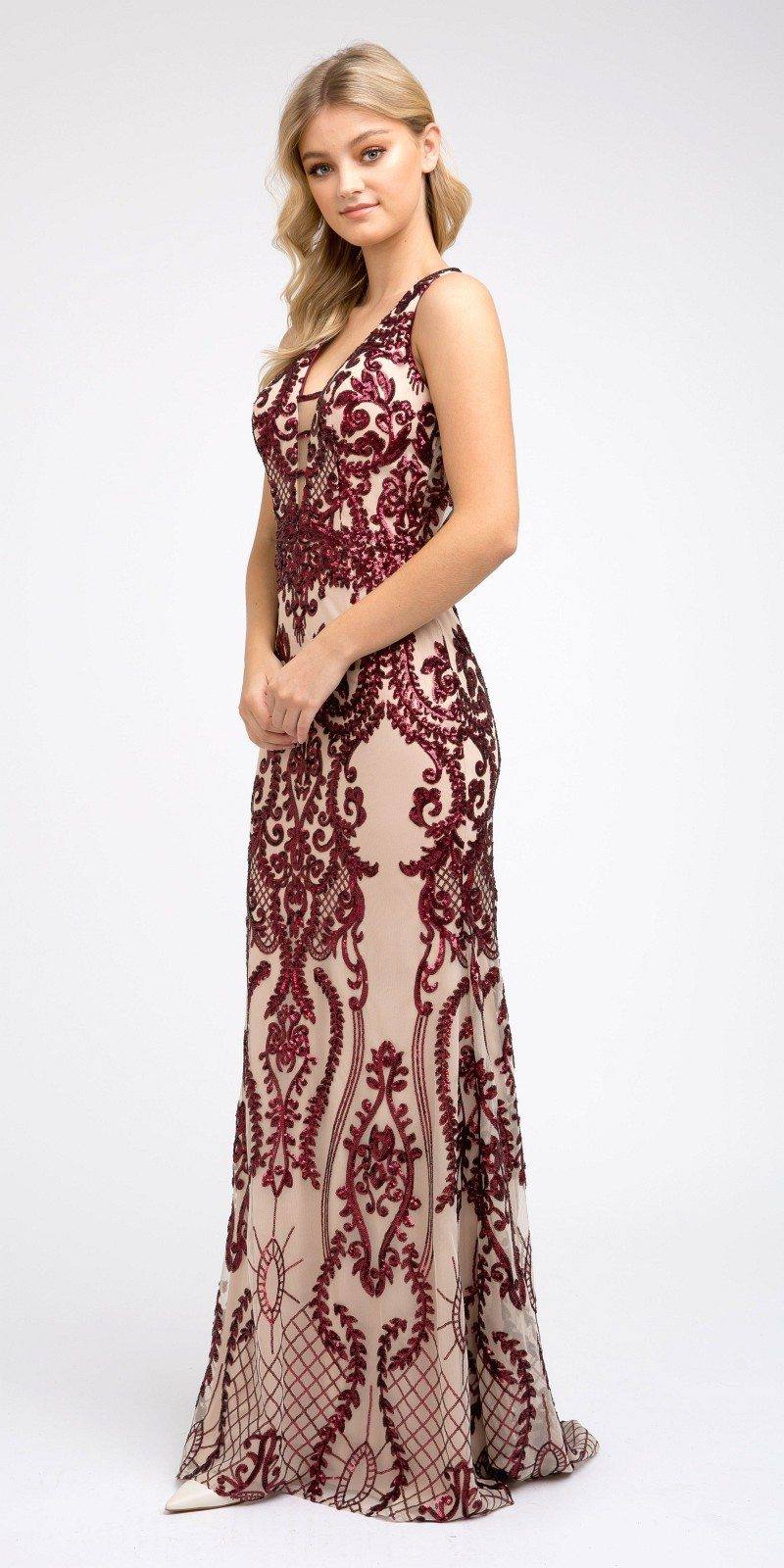 Long sleeveless sequin evening dress in burgundy on nude mesh, full-length view