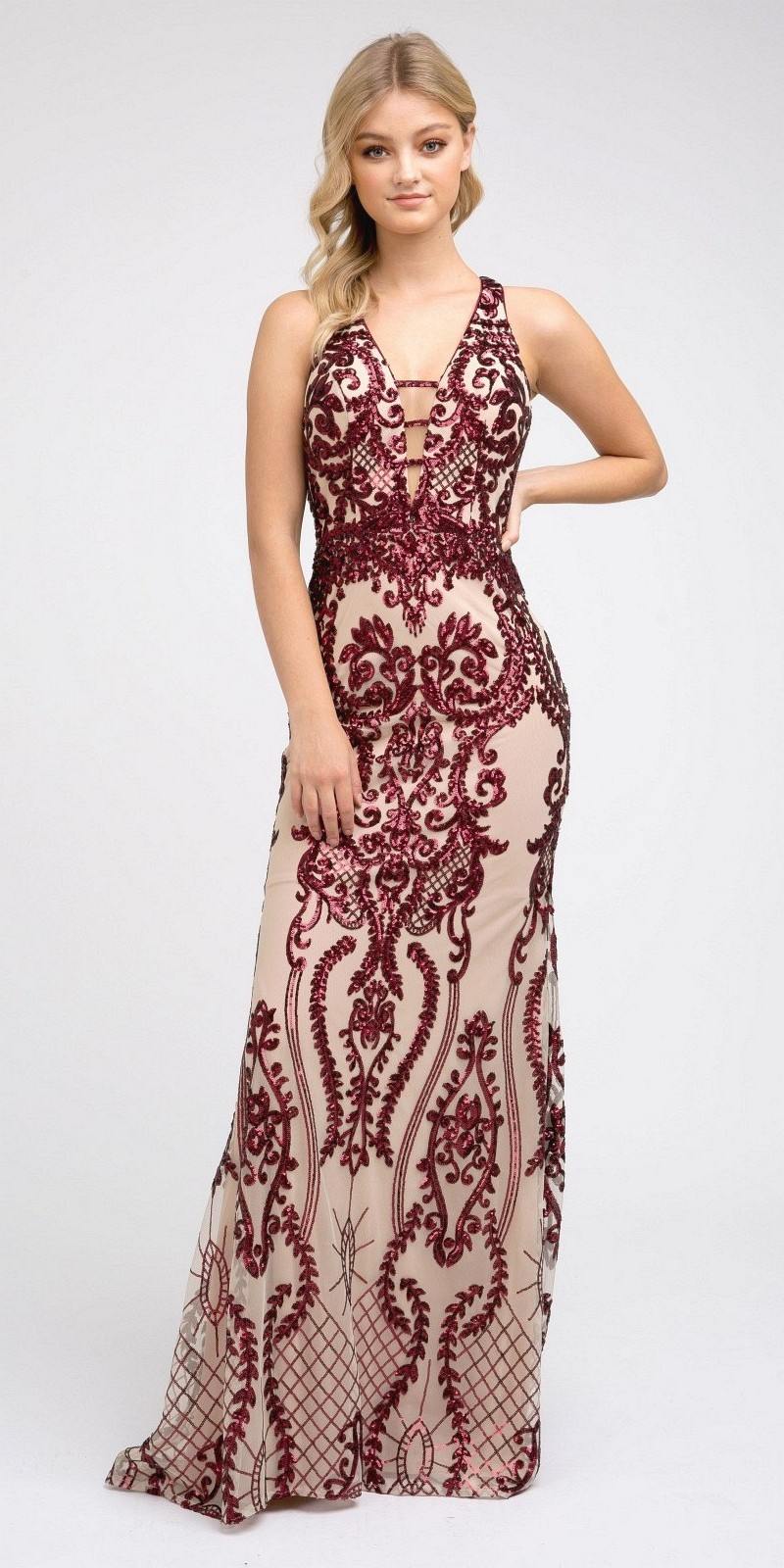Long sequin evening dress in burgundy on nude mesh, sleeveless V-neck, fitted