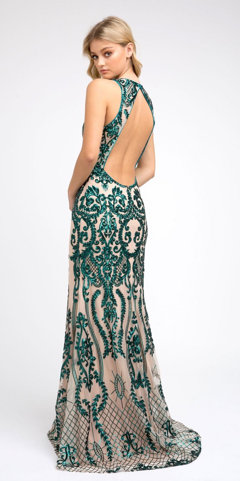 Teal-green and navy sequined long evening dress with open back and halter straps.