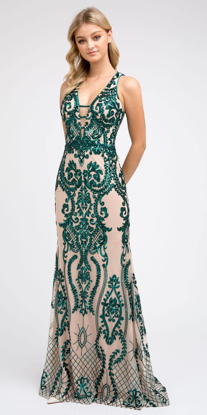 Green-teal sequined long evening dress with V-neck and halter straps.