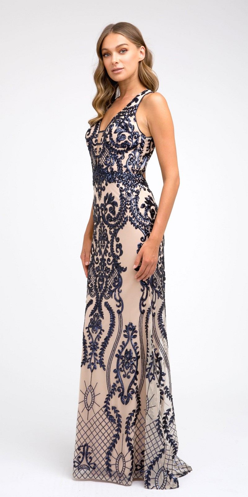 Long sleeveless sequin evening dress, navy and cream patterned mesh, side view