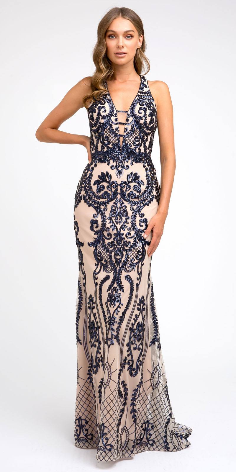 Long sequin evening dress, navy and cream ornate embroidery on sheer mesh, sleeveless
