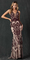 Long sequin evening dress, burgundy lace-style embroidery on nude mesh, sleeveless