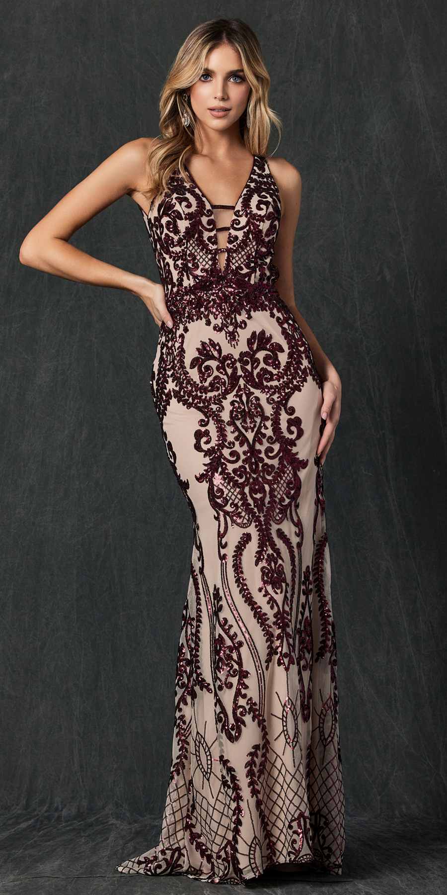 Long sequin evening dress, burgundy lace-style embroidery on nude mesh, sleeveless