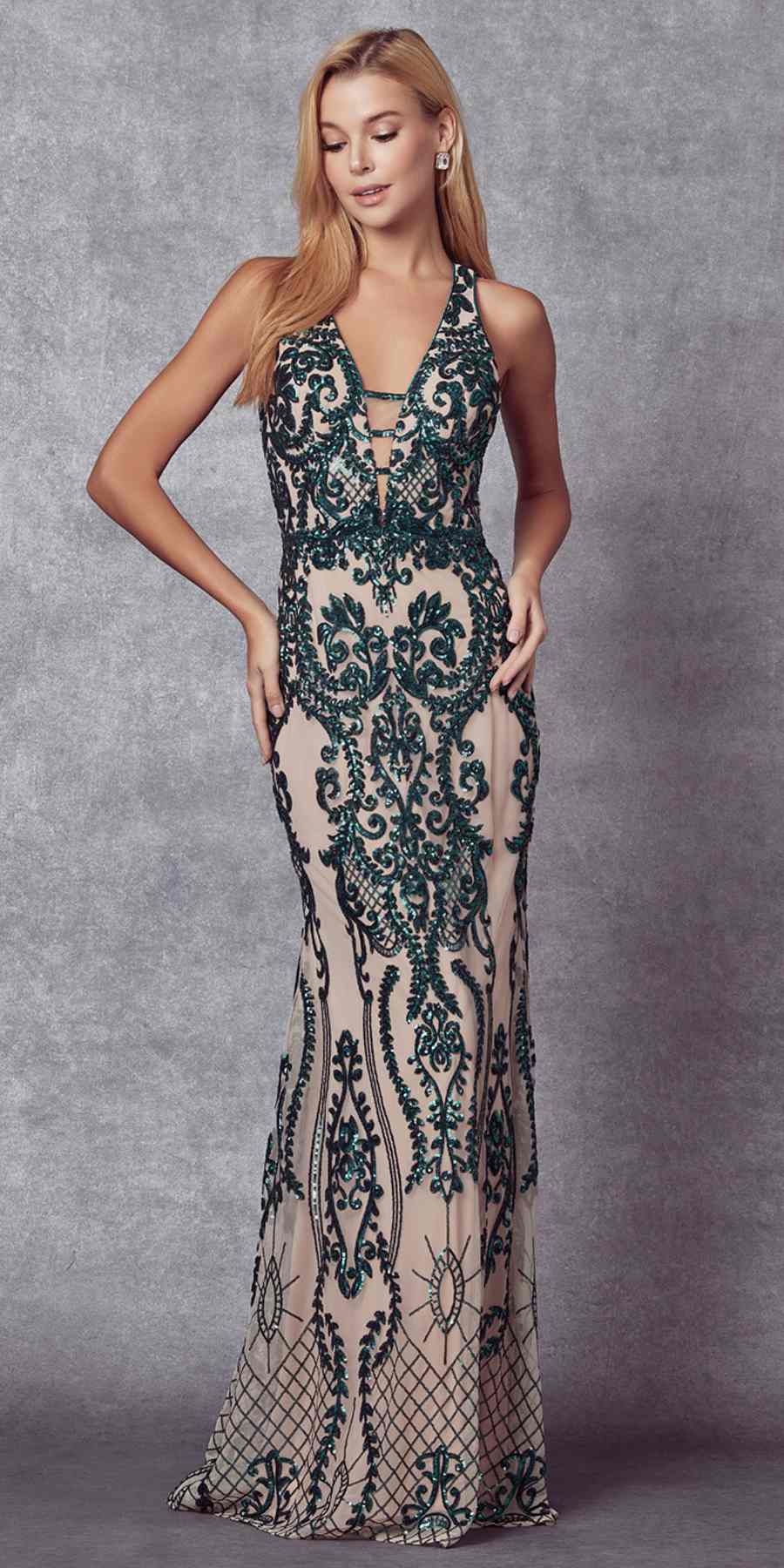 Teal and navy sequined long evening dress with V-neck and halter straps.