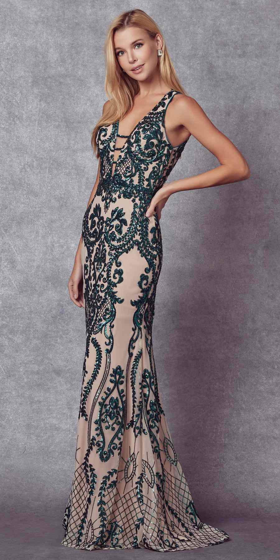 Teal and navy sequined long evening dress with V-neck and open back.