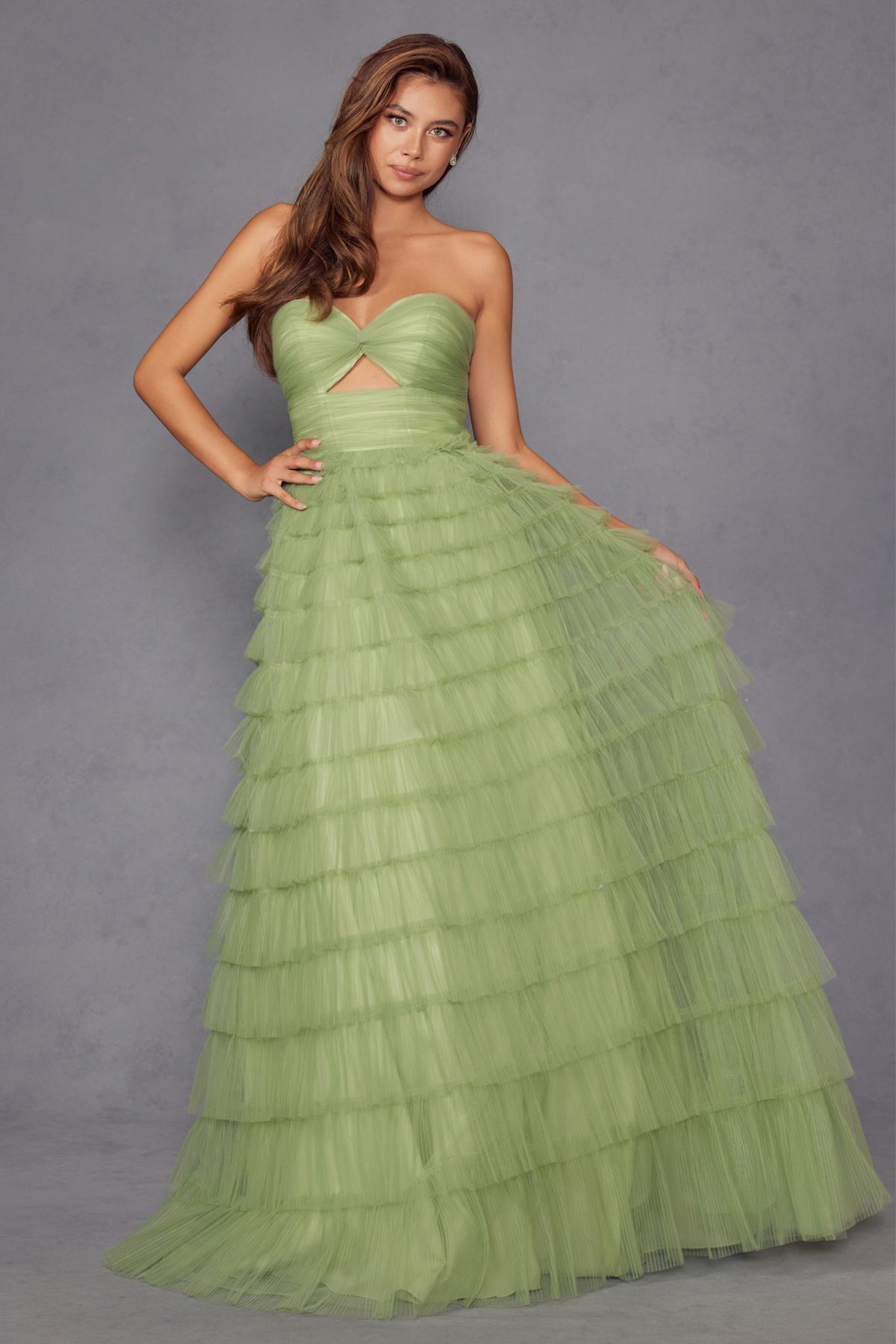 Sage green strapless gown with keyhole bust detail and tiered tulle A-line skirt