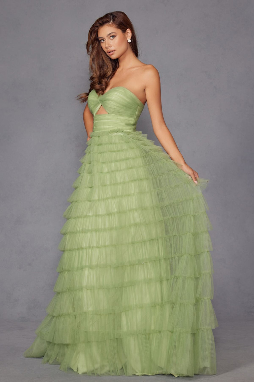 Sage green strapless gown with cutout keyhole bodice and tiered tulle A-line skirt