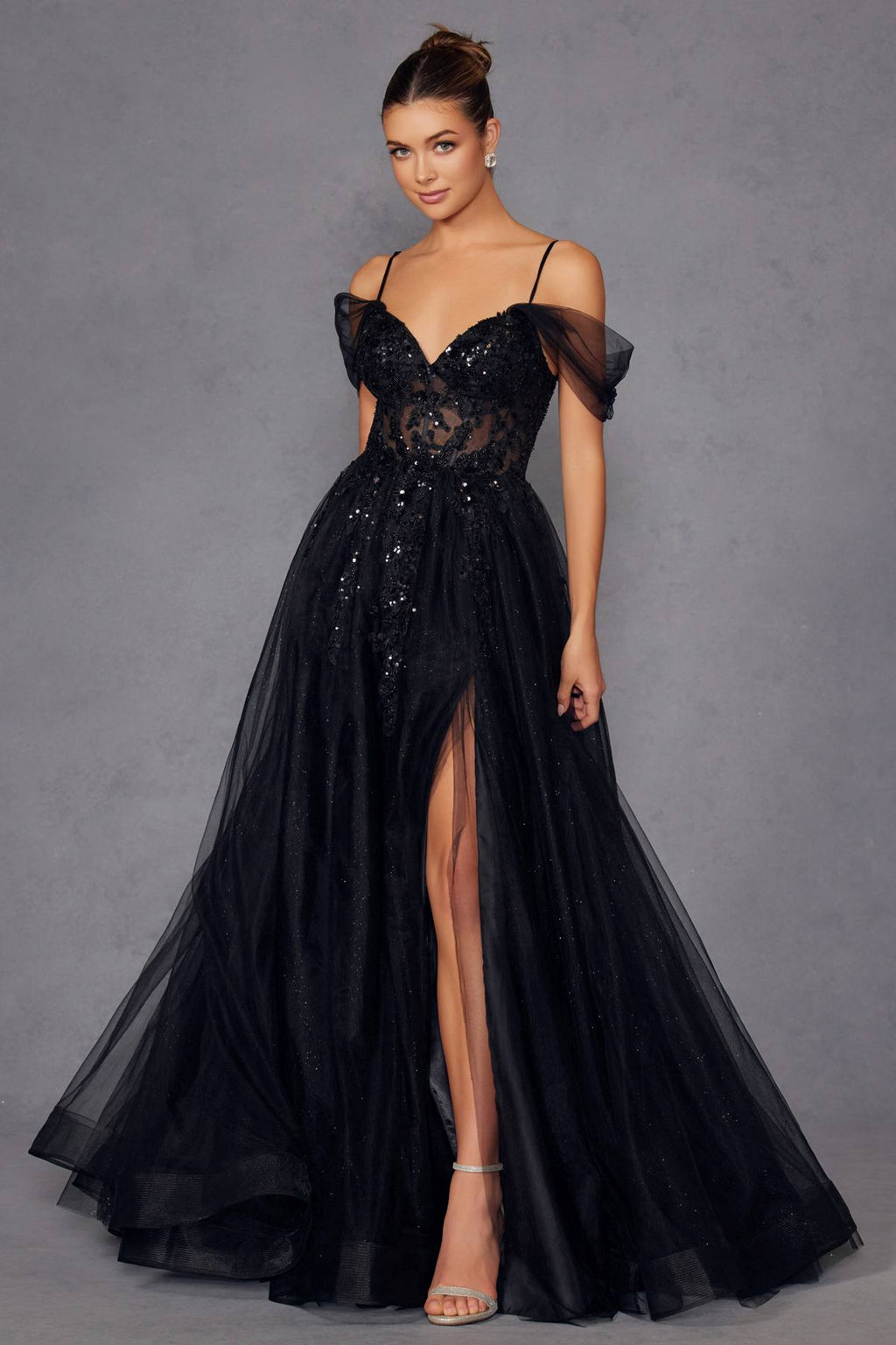 Black sweetheart corset A-line gown with cold-shoulder mesh sleeves and long tulle skirt with slit