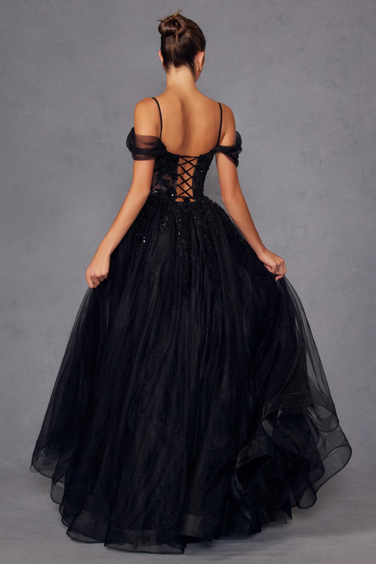 Back view of black sweetheart corset A-line gown with crisscross lacing and off-shoulder sleeves