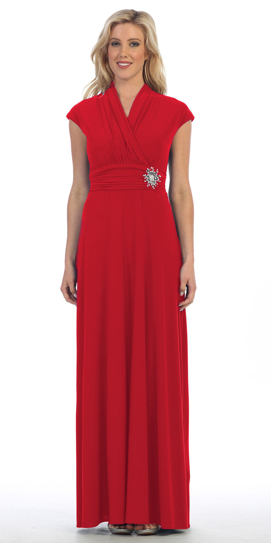 Red A-line long dress with cap sleeves, V-neck, waist tie and decorative brooch