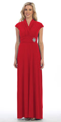 Red A-line long dress with cap sleeves, V-neck, waist tie and decorative brooch