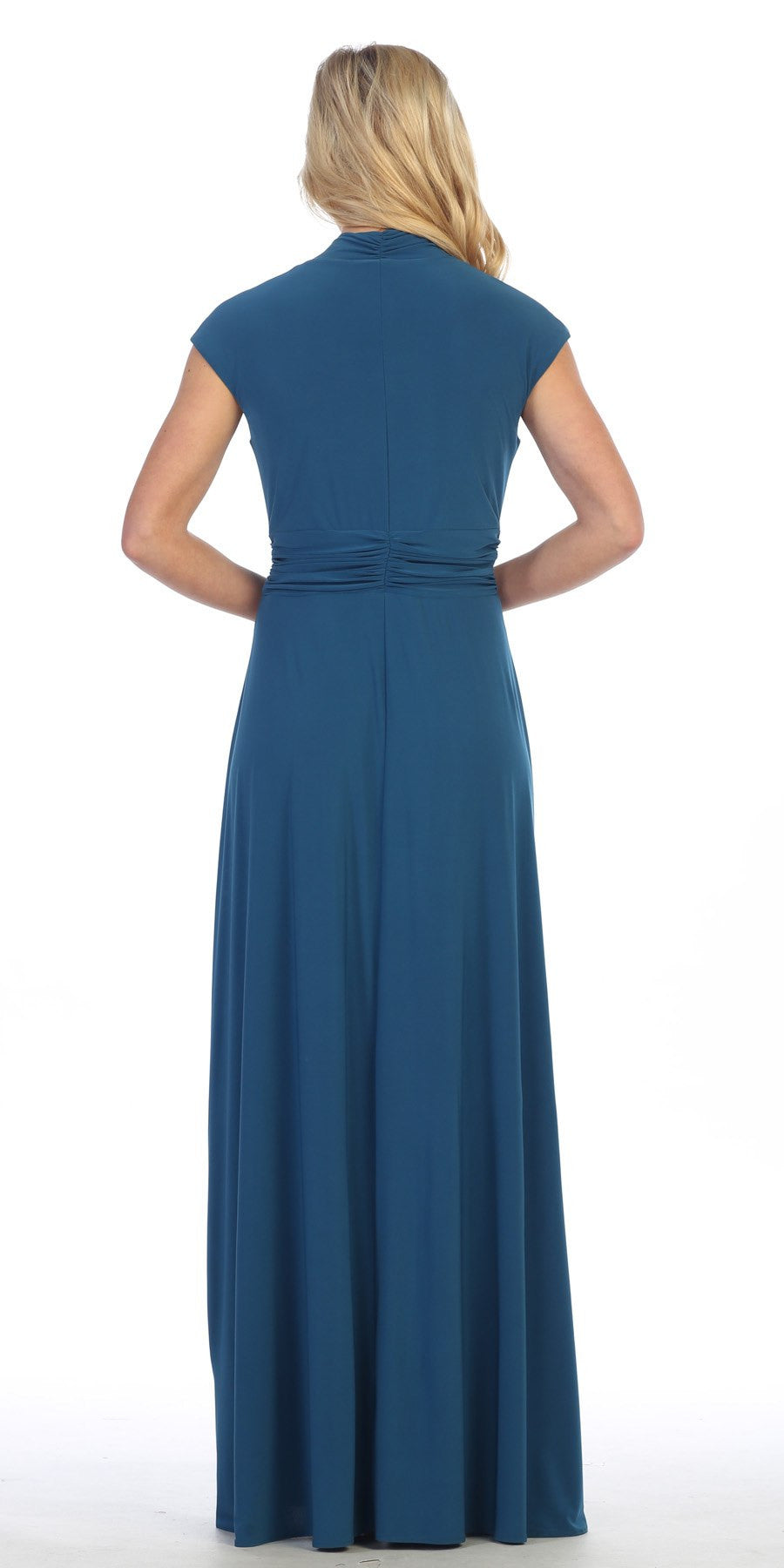 Dark blue A-line long dress with cap sleeves and back waist seam