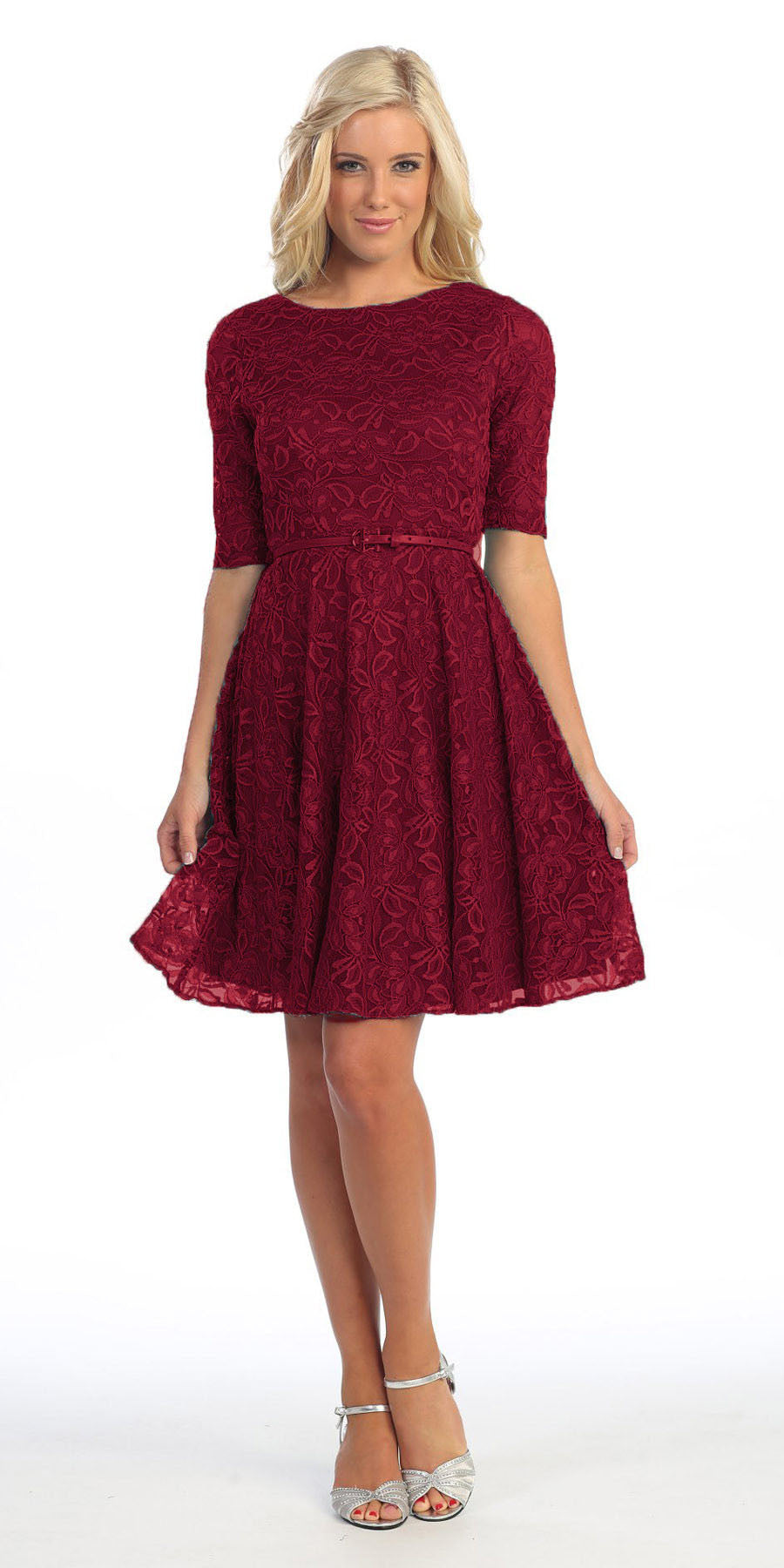 Burgundy short lace dress with mid sleeves and fitted waist