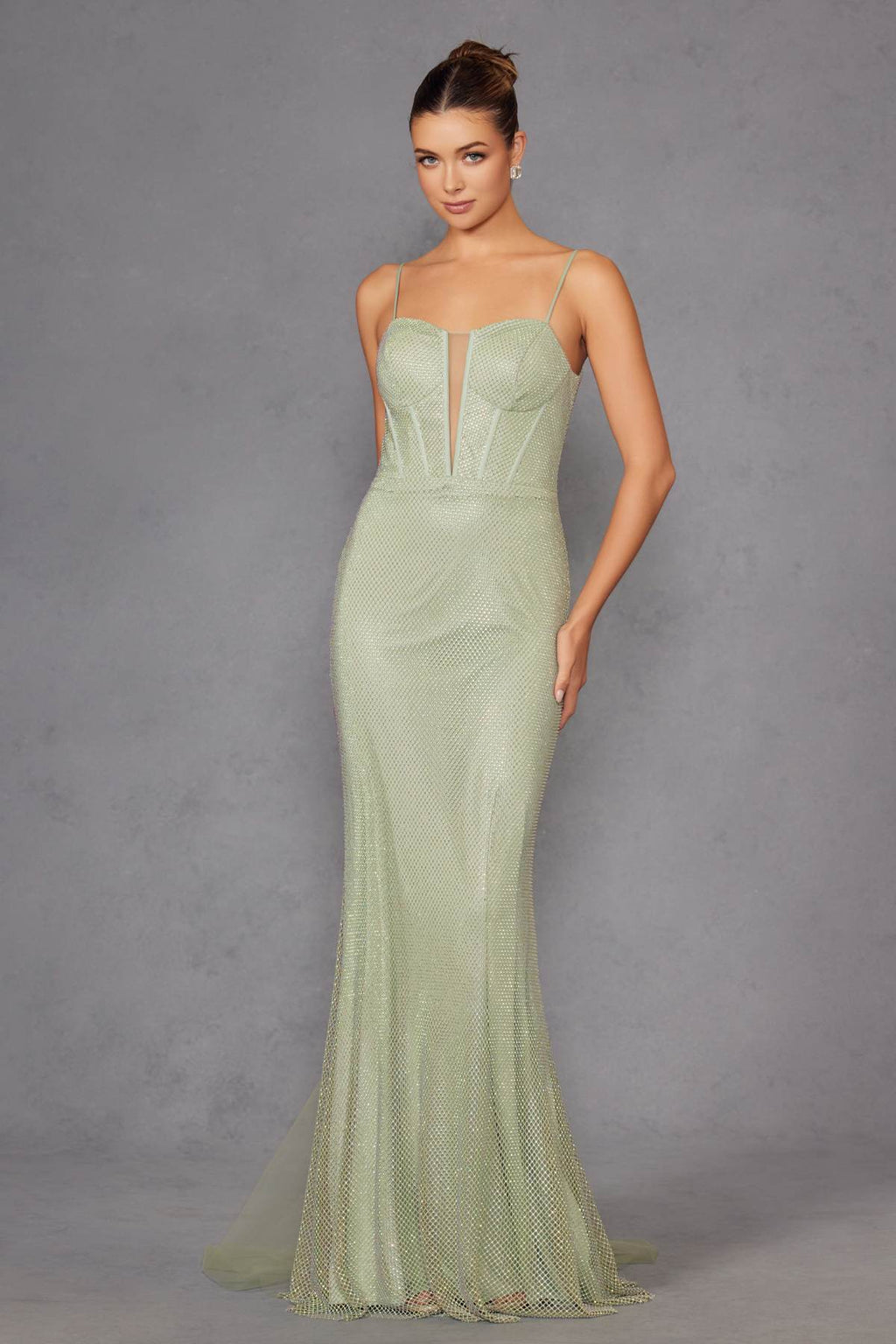 Sage green long fitted mesh formal dress with spaghetti straps and boned bodice