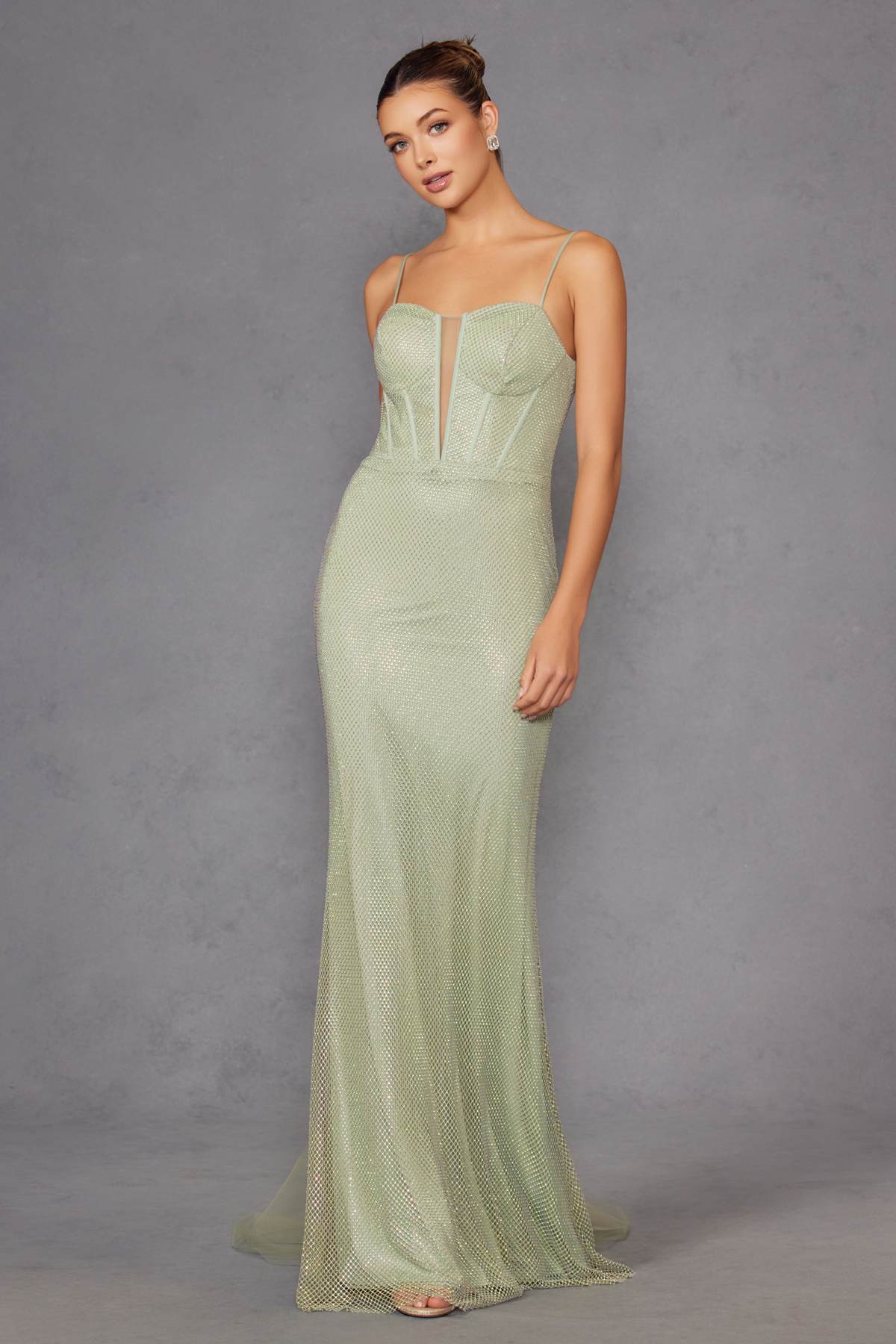 Sage green long fitted mesh formal dress with spaghetti straps and sweetheart bodice