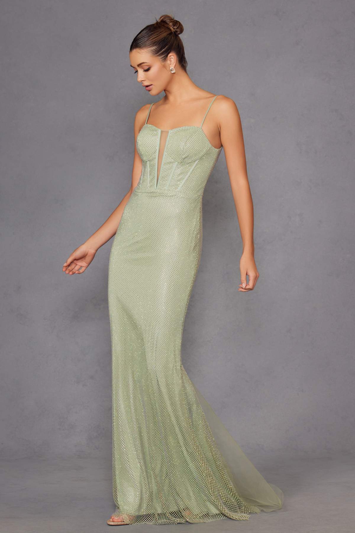 Sage green long fitted mesh formal dress with spaghetti straps and low back