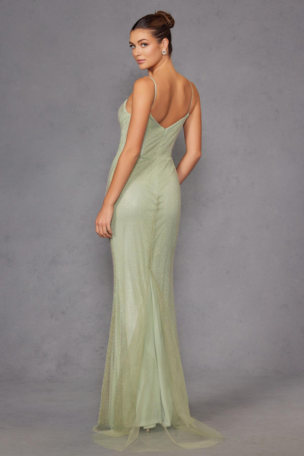 Sage green long fitted mesh formal dress with low back V straps and long hem