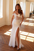 Off-white fitted wedding gown with long off-the-shoulder fringe sleeves and thigh slit