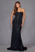 Black strapless sweetheart fitted long gown with rhinestone sparkle, long flared hem
